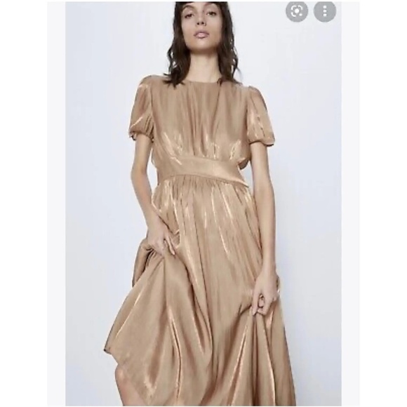 NEW ZARA Voluminous Sleeve Metallic Midi Dress Satin Copper Blogger Fav XS - Picture 1 of 9